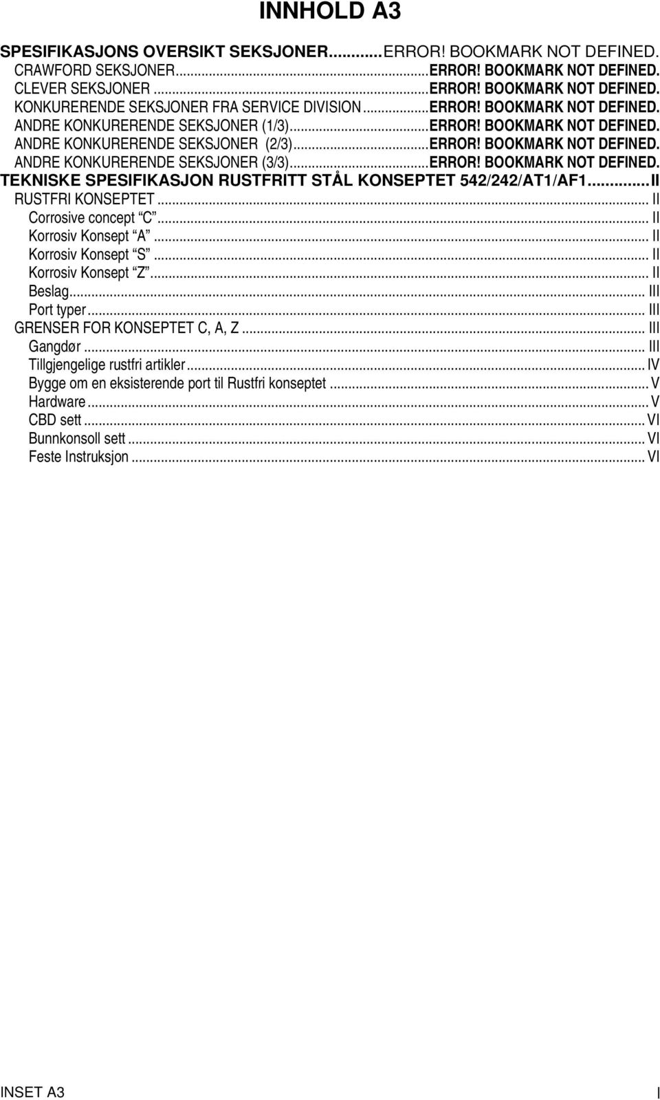 ..ERROR! BOOKMARK NOT DEFINED. TEKNISKE SPESIFIKASJON RUSTFRITT STÅL KONSEPTET 542/242/AT1/AF1...II RUSTFRI KONSEPTET... II Corrosive concept C... II Korrosiv Konsept A... II Korrosiv Konsept S.