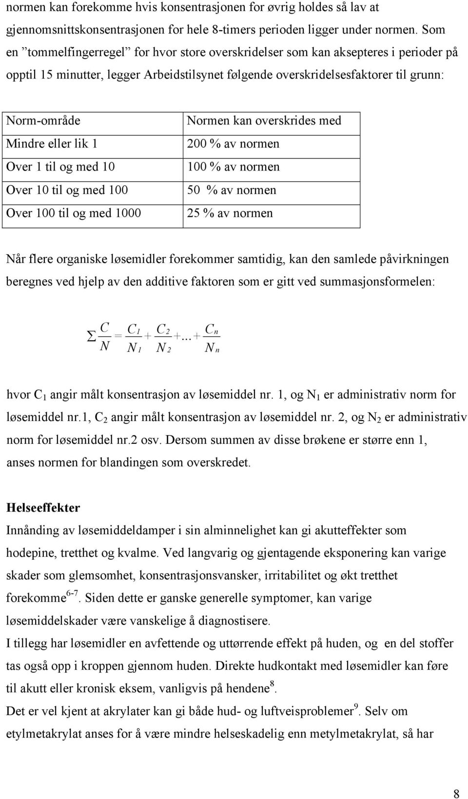 lik 1 Over 1 til og med 10 Over 10 til og med 100 Over 100 til og med 1000 Normen kan overskrides med 200 % av normen 100 % av normen 50 % av normen 25 % av normen Når flere organiske løsemidler