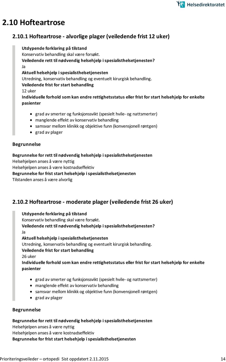 kostnadseffektiv Tilstanden anses å være alvorlig 2.10.2 Hofteartrose - moderate plager (veiledende frist ) Konservativ behandling skal være forsøkt.