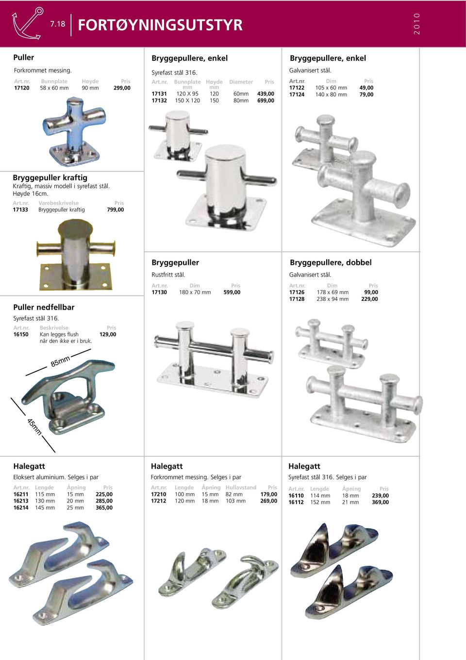 Art.nr. Beskrivelse 16150 Kan legges flush 129,00 når den ikke er i bruk. Bryggepuller Rustfritt stål. Art.nr. Dim 17130 180 x 70 mm 599,00 Bryggepullere, dobbel Galvanisert stål. Art.nr. Dim 17126 178 x 69 mm 99,00 17128 238 x 94 mm 229,00 85mm 45mm Halegatt Eloksert aluminium.