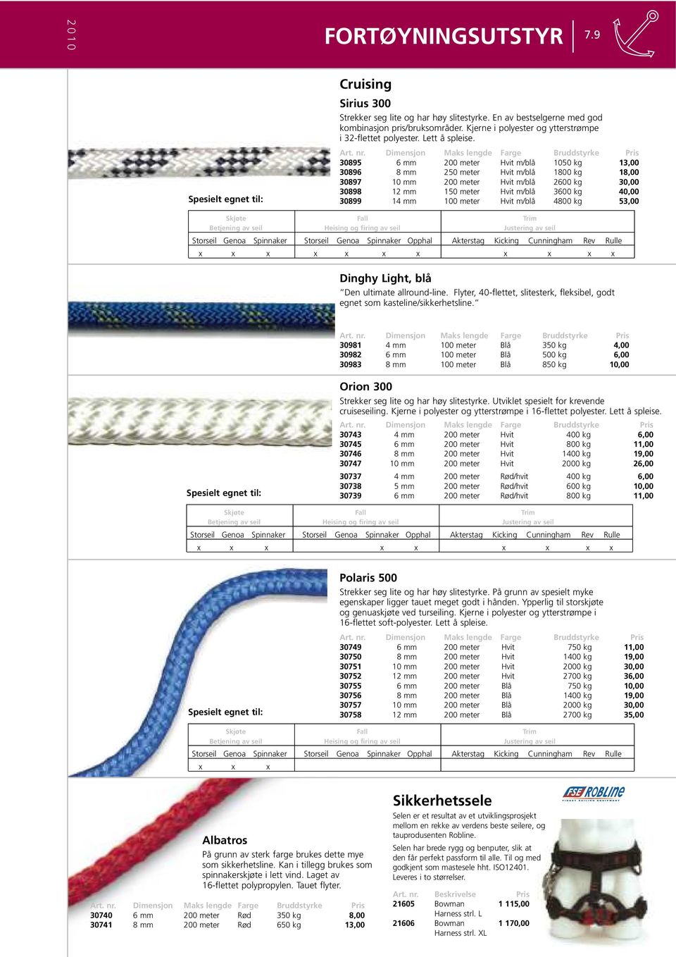 Dimensjon Maks lengde Farge Bruddstyrke 30895 6 mm 200 meter Hvit m/blå 1050 kg 13,00 30896 8 mm 250 meter Hvit m/blå 1800 kg 18,00 30897 10 mm 200 meter Hvit m/blå 2600 kg 30,00 30898 12 mm 150