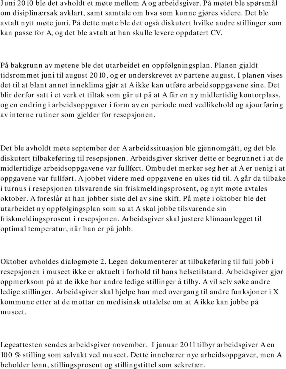 Planen gjaldt tidsrommet juni til august 2010, og er underskrevet av partene august. I planen vises det til at blant annet inneklima gjør at A ikke kan utføre arbeidsoppgavene sine.