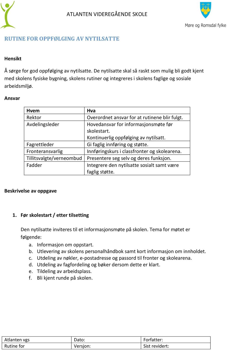 Ansvar Hvem Hva Rektor Overordnet ansvar for at rutinene blir fulgt. Avdelingsleder Hovedansvar for informasjonsmøte før skolestart. Kontinuerlig oppfølging av nytilsatt.