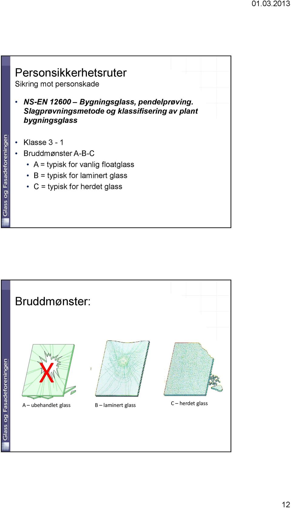 Slagprøvningsmetode og klassifisering av plant bygningsglass Klasse 3-1 Bruddmønster