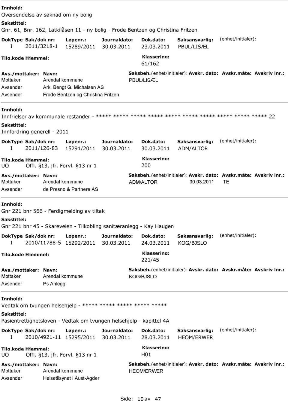 Michalsen AS Avsender Frode Bentzen og Christina Fritzen nnhold: nnfrielser av kommunale restander - 22 nnfordring generell - 2011 2011/126-83 15291/2011 ADM/ALTOR UO 200 ADM/ALTOR T Avsender de