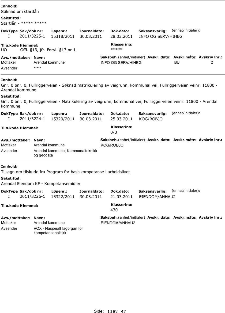 0, Fullriggerveien - Matrikulering av veigrunn, kommunal vei, Fullriggerveien veinr. 11800 - Arendal kommune 2011/3224-1 15320/2011 25.03.