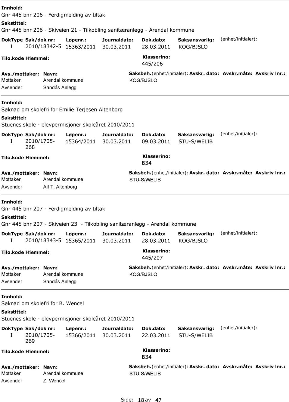 Altenborg nnhold: Gnr 445 bnr 207 - Ferdigmelding av tiltak Gnr 445 bnr 207 - Skiveien 23 - Tilkobling sanitæranlegg - Arendal kommune 2010/18343-5 15365/2011 445/207 Avsender Sandås