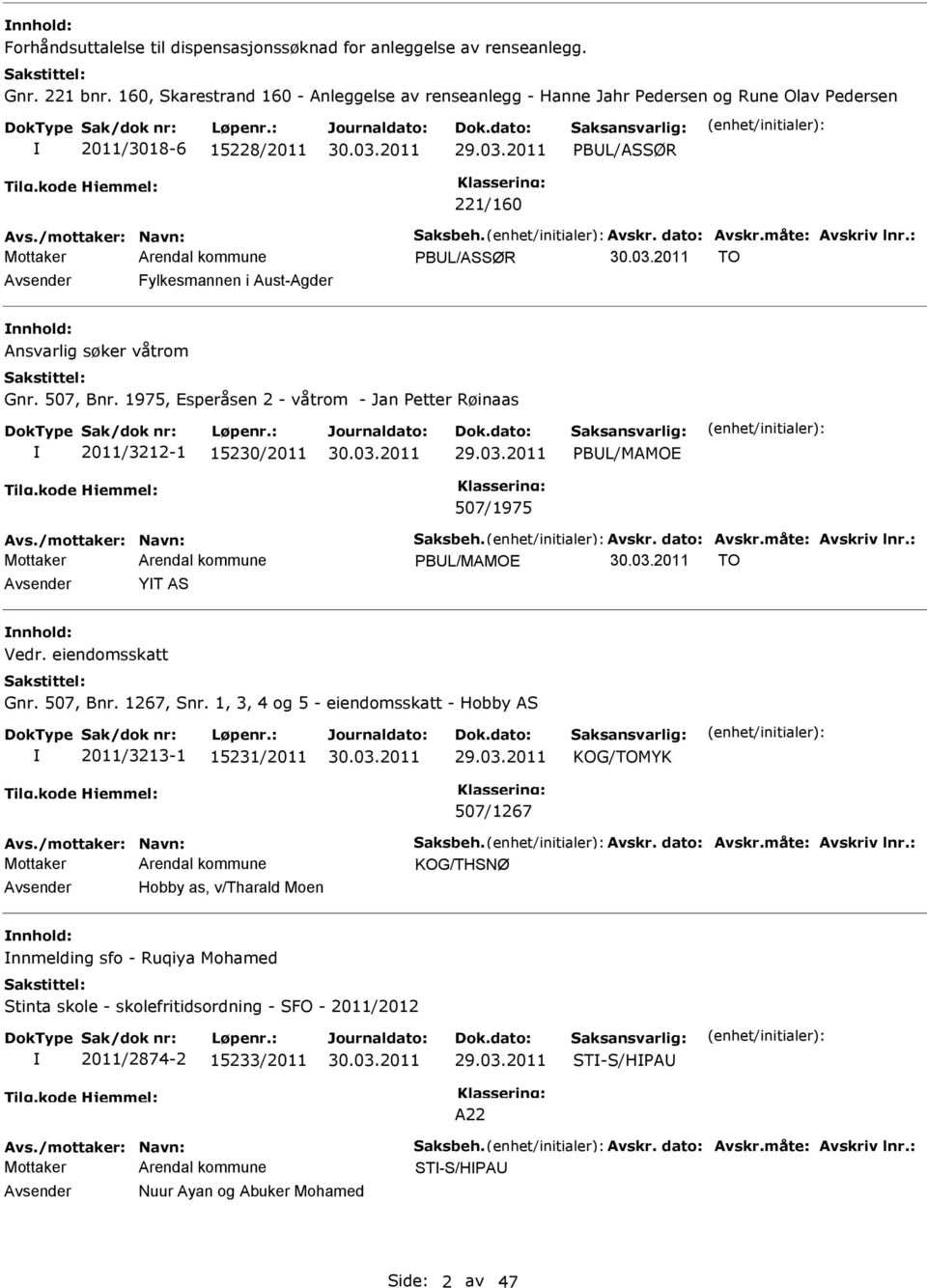 Ansvarlig søker våtrom Gnr. 507, Bnr. 1975, speråsen 2 - våtrom - Jan Petter Røinaas 2011/3212-1 15230/2011 PBUL/MAMO 507/1975 PBUL/MAMO TO Avsender YT AS nnhold: Vedr. eiendomsskatt Gnr. 507, Bnr. 1267, Snr.