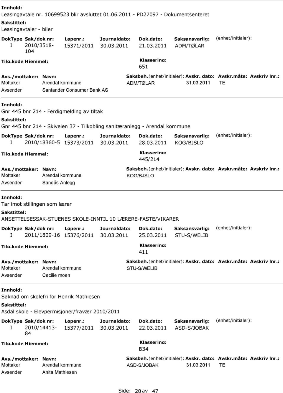 2011 T Avsender Santander Consumer Bank AS nnhold: Gnr 445 bnr 214 - Ferdigmelding av tiltak Gnr 445 bnr 214 - Skiveien 37 - Tilkobling sanitæranlegg - Arendal kommune 2010/18360-5 15373/2011