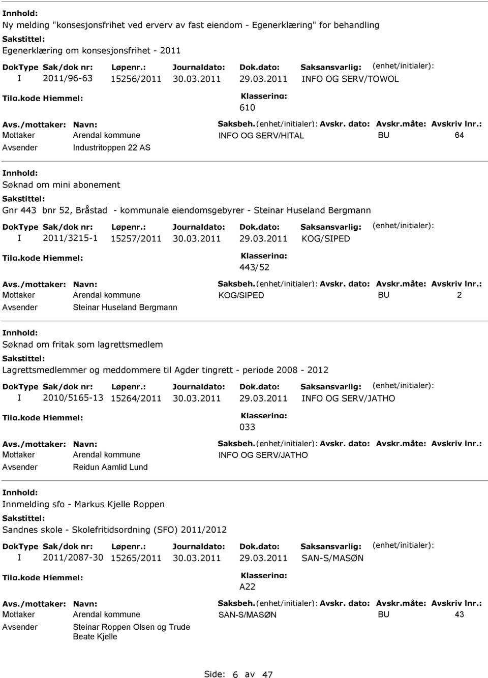 Avsender Steinar Huseland Bergmann nnhold: Søknad om fritak som lagrettsmedlem Lagrettsmedlemmer og meddommere til Agder tingrett - periode 2008-2012 2010/5165-13 15264/2011 NFO OG SRV/JATHO 033 NFO