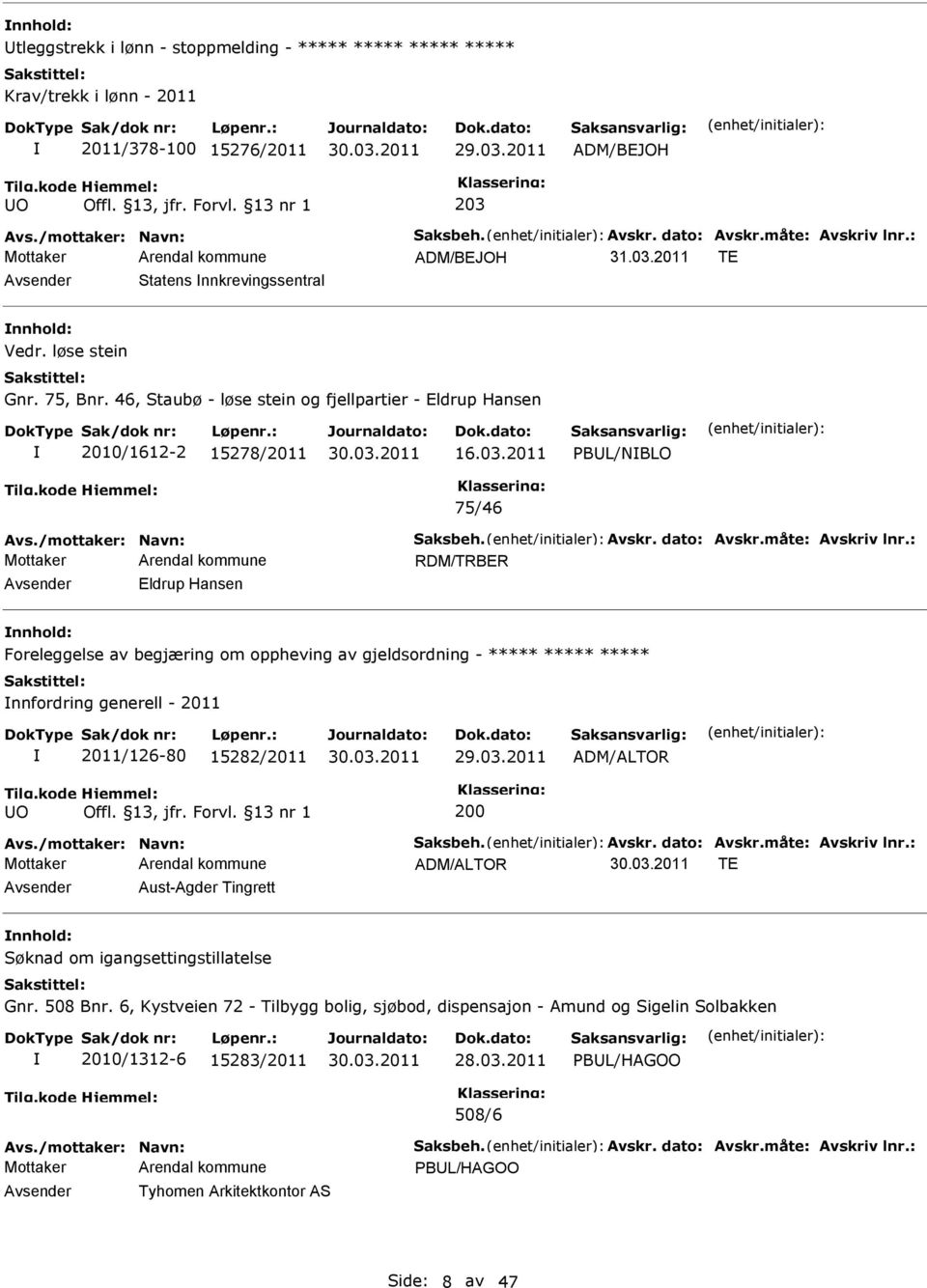 2011 PBUL/NBLO 75/46 RDM/TRBR Avsender ldrup Hansen nnhold: Foreleggelse av begjæring om oppheving av gjeldsordning - nnfordring generell - 2011 2011/126-80 15282/2011 ADM/ALTOR UO 200