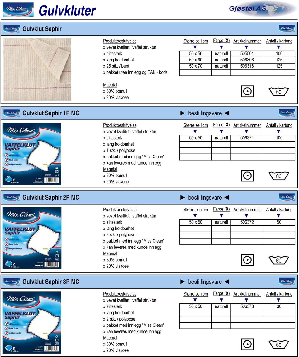 80% bomull» 20% viskose Gulvklut Saphir 2P MC» vevet kvalitet i vaffel struktur» slitesterk 50 x 50 naturell 506372 50» 2 stk.