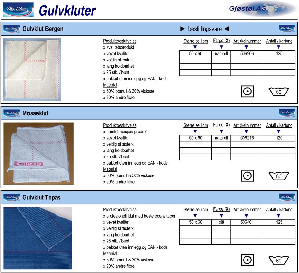 506216 125» veldig slitesterk» 50% bomull & 30% viskose» 20% andre fibre Gulvklut Topas» profesjonell klut med