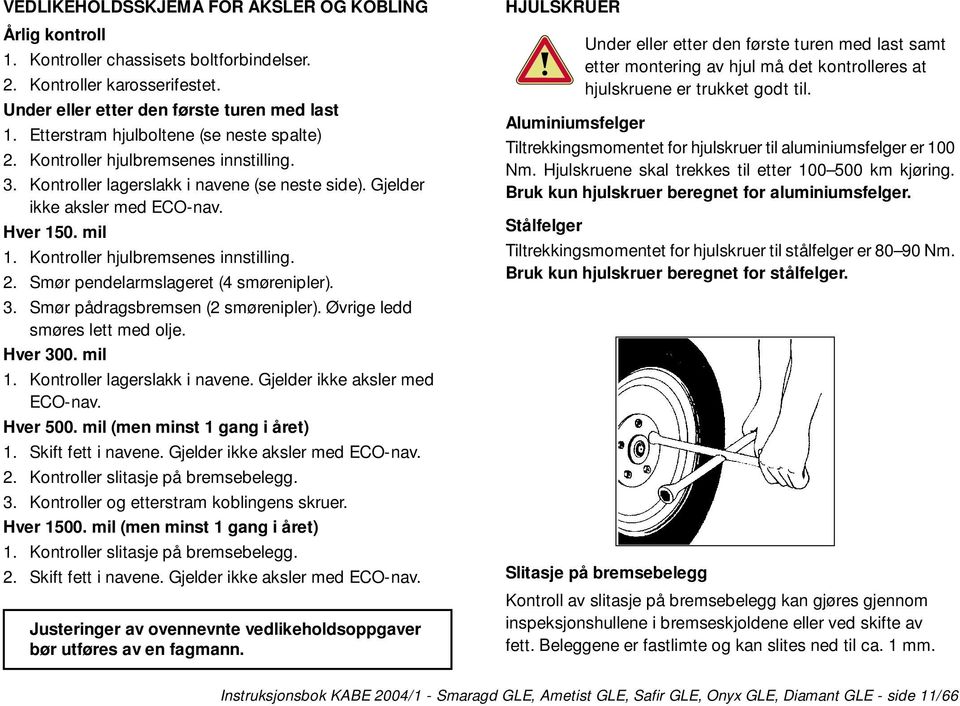 Kontroller hjulbremsenes innstilling. 2. Smør pendelarmslageret (4 smørenipler). 3. Smør pådragsbremsen (2 smørenipler). Øvrige ledd smøres lett med olje. Hver 300. mil 1.