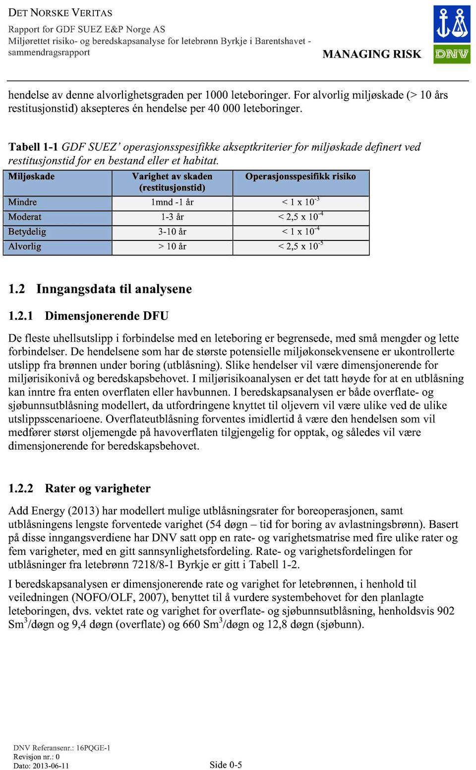 Miljøskade Varighet av skaden (restitusjonstid) Operasjonsspesifikk risiko Mindre 1mnd -1 år < 1 x 10-3 Moderat 1-3 år < 2,5 x 10-4 Betydelig 3-10 år < 1 x 10-4 Alvorlig > 10 år < 2,5 x 10-5 1.