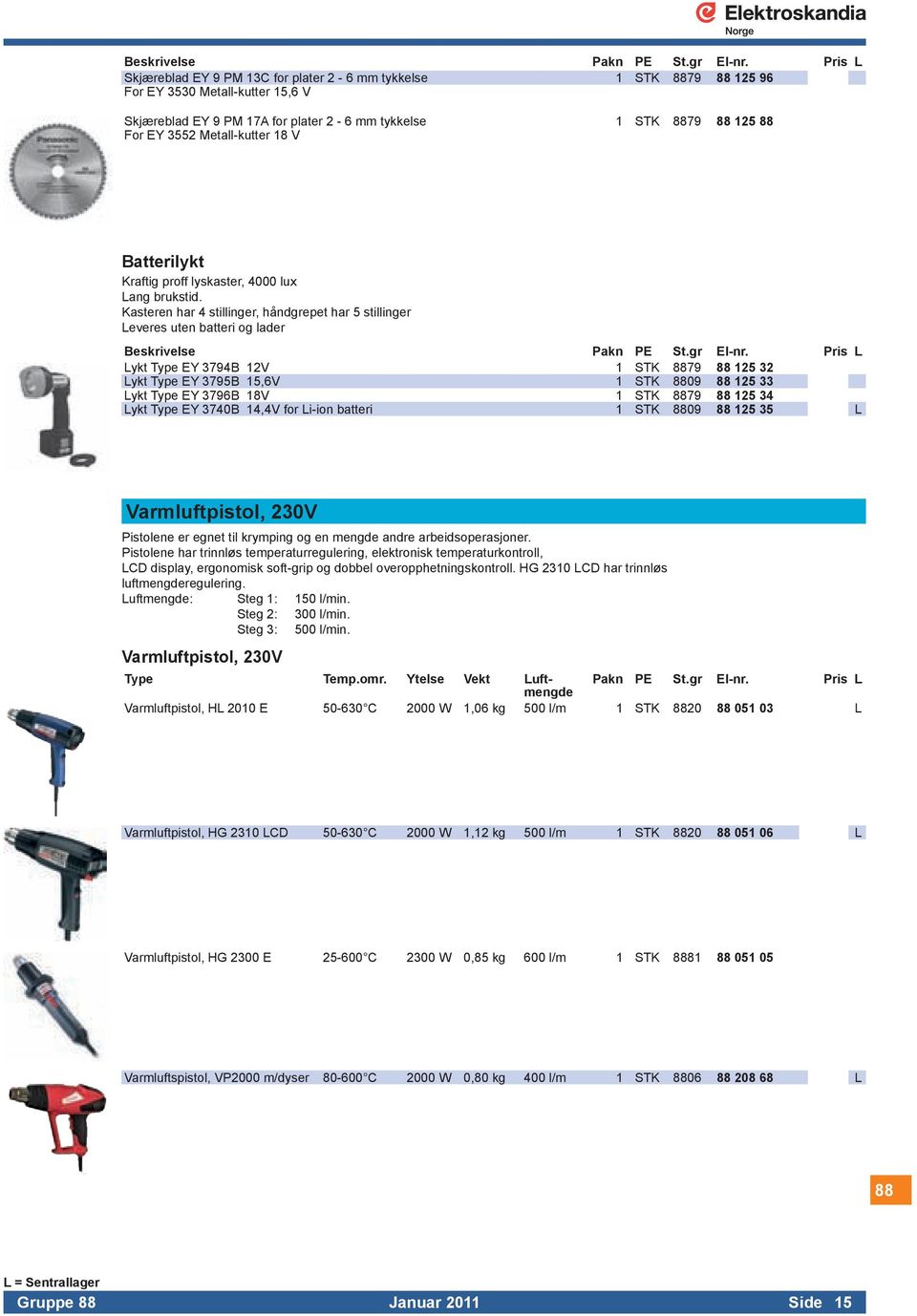 Kasteren har 4 stillinger, håndgrepet har 5 stillinger Leveres uten batteri og lader Lykt Type EY 3794B 12V 1 STK 8879 88 125 32 Lykt Type EY 3795B 15,6V 1 STK 8809 88 125 33 Lykt Type EY 3796B 18V 1