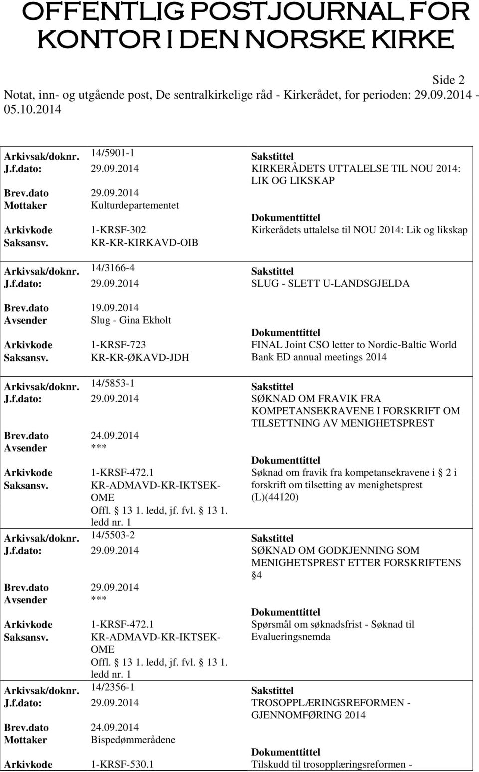 14/3166-4 Sakstittel J.f.dato: 29.09.2014 SLUG - SLETT U-LANDSGJELDA Brev.dato 19.09.2014 Avsender Slug - Gina Ekholt Arkivkode 1-KRSF-723 FINAL Joint CSO letter to Nordic-Baltic World Saksansv.