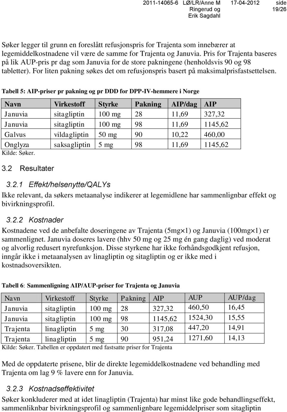 Tabell 5: AIP-priser pr pakning og pr DDD for DPP-IV-hemmere i Norge Navn Virkestoff Styrke Pakning AIP/dag AIP Januvia sitagliptin 100 mg 28 11,69 327,32 Januvia sitagliptin 100 mg 98 11,69 1145,62