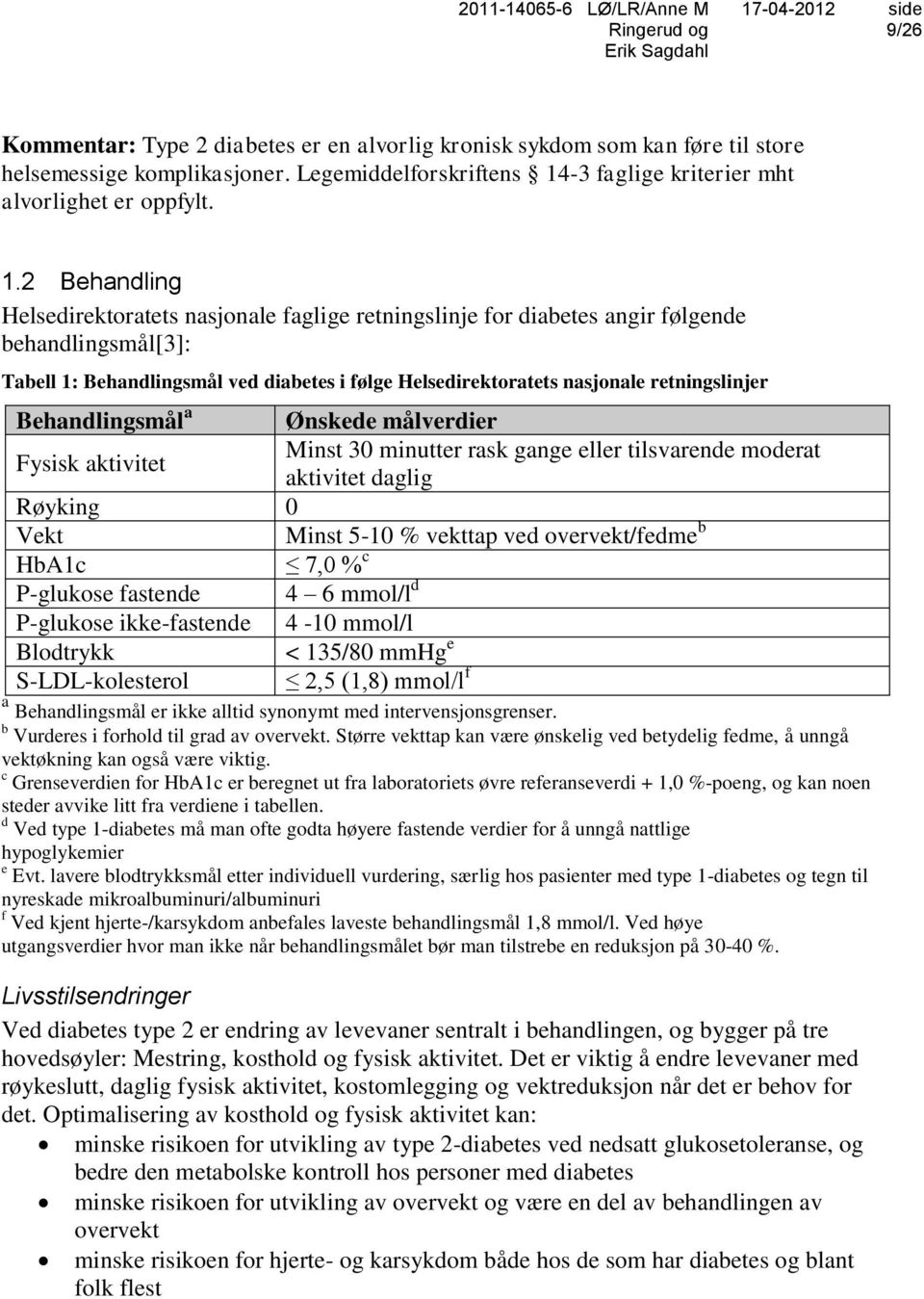 2 Behandling Helsedirektoratets nasjonale faglige retningslinje for diabetes angir følgende behandlingsmål[3]: Tabell 1: Behandlingsmål ved diabetes i følge Helsedirektoratets nasjonale