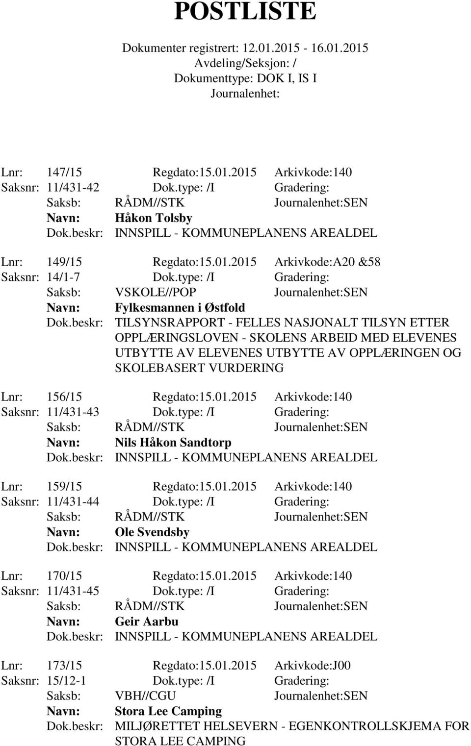 beskr: TILSYNSRAPPORT - FELLES NASJONALT TILSYN ETTER OPPLÆRINGSLOVEN - SKOLENS ARBEID MED ELEVENES UTBYTTE AV ELEVENES UTBYTTE AV OPPLÆRINGEN OG SKOLEBASERT VURDERING Lnr: 156/15 Regdato:15.01.