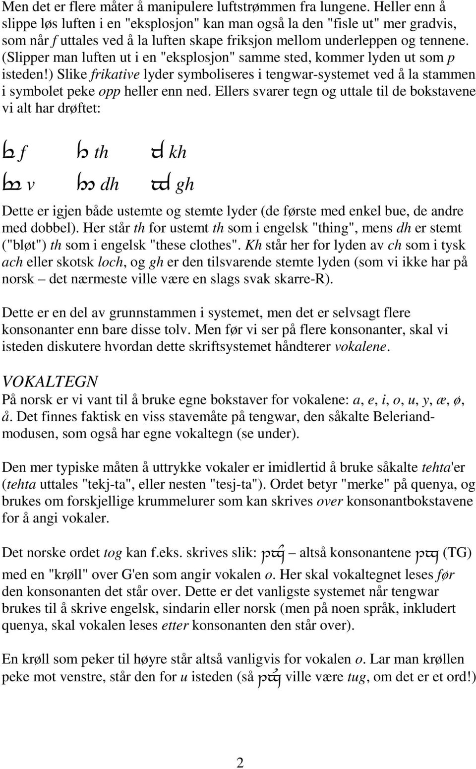 (Slipper man luften ut i en "eksplosjon" samme sted, kommer lyden ut som p isteden!) Slike frikative lyder symboliseres i tengwar-systemet ved å la stammen i symbolet peke opp heller enn ned.