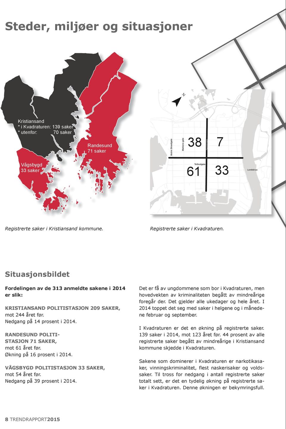 Situasjonsbildet Fordelingen av de 313 anmeldte sakene i 2014 er slik: KRISTIANSAND POLITISTASJON 209 SAKER, mot 244 året før. Nedgang på 14 prosent i 2014.