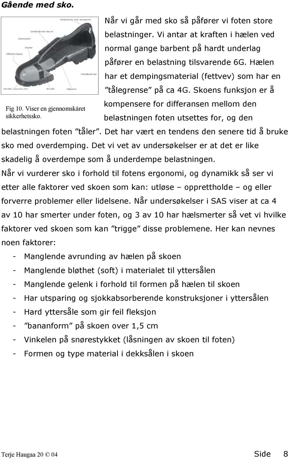 Skoens funksjon er å kompensere for differansen mellom den belastningen foten utsettes for, og den belastningen foten tåler. Det har vært en tendens den senere tid å bruke sko med overdemping.