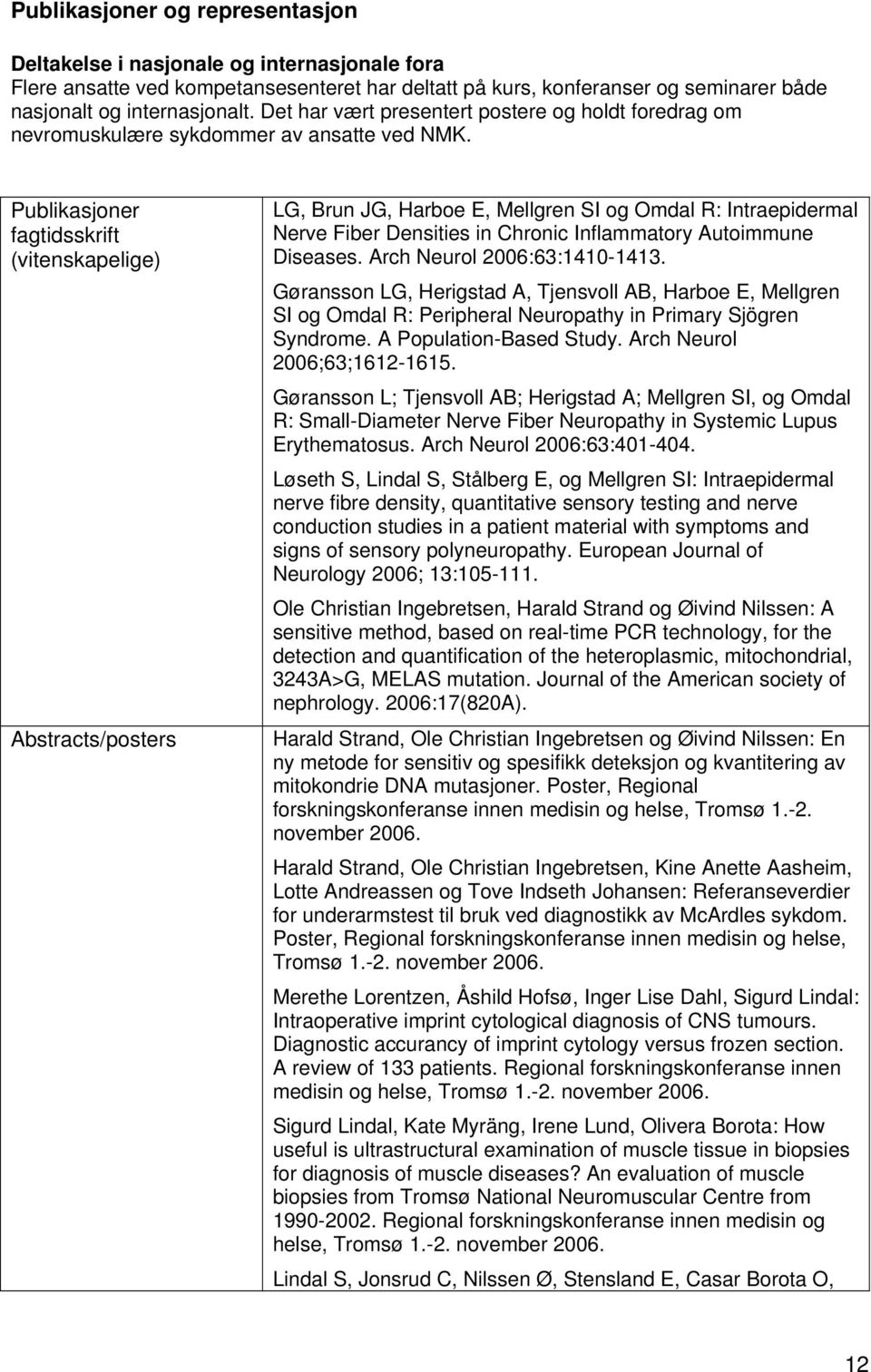 Publikasjoner fagtidsskrift (vitenskapelige) Abstracts/posters LG, Brun JG, Harboe E, Mellgren SI og Omdal R: Intraepidermal Nerve Fiber Densities in Chronic Inflammatory Autoimmune Diseases.