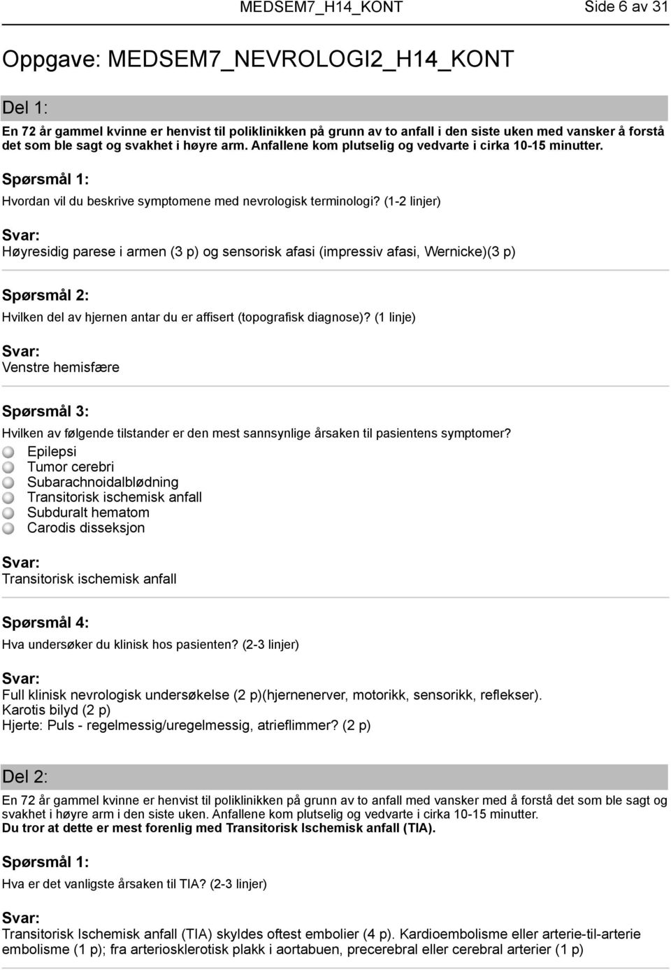 (1-2 linjer) Høyresidig parese i armen (3 p) og sensorisk afasi (impressiv afasi, Wernicke)(3 p) Hvilken del av hjernen antar du er affisert (topografisk diagnose)?