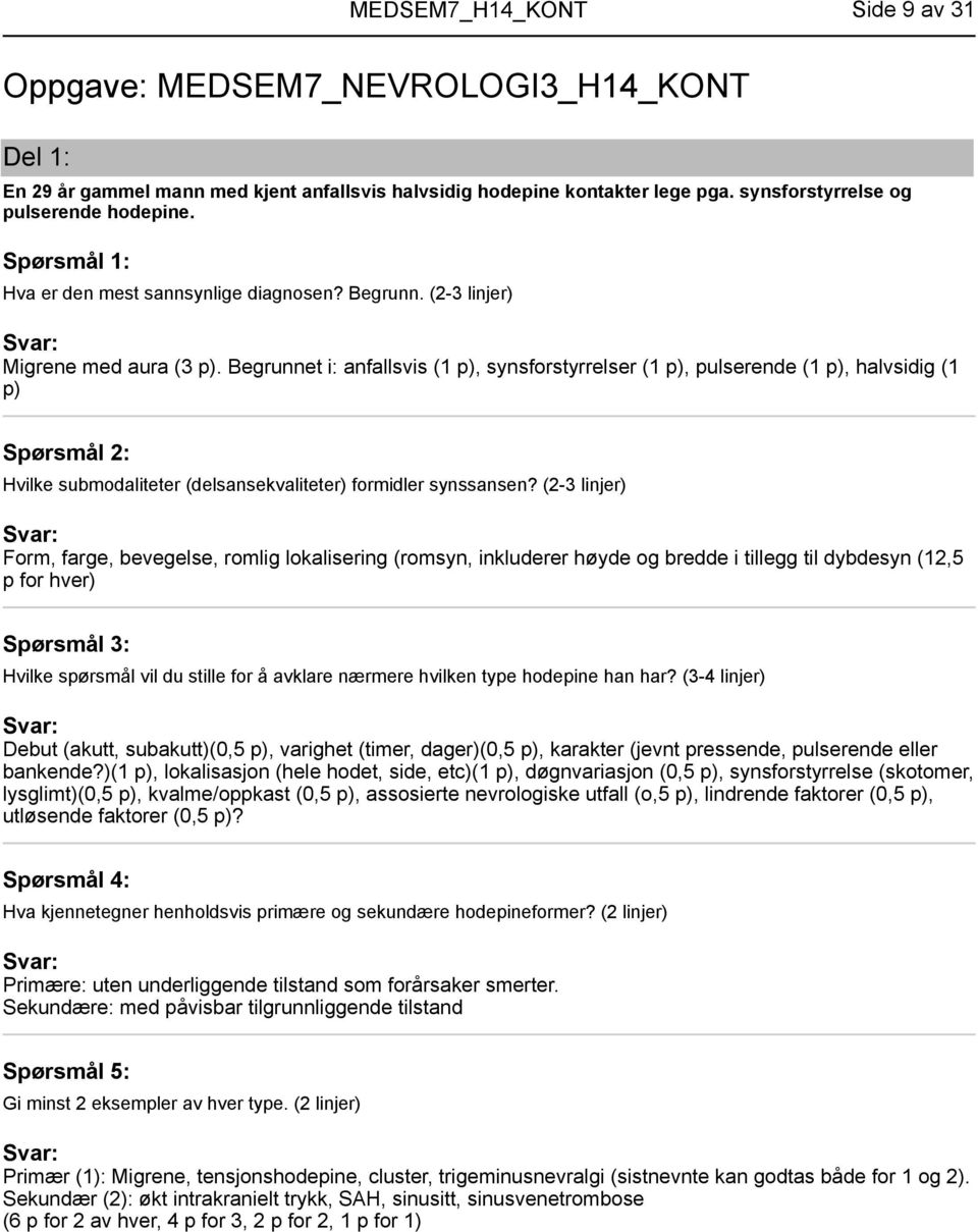 Begrunnet i: anfallsvis (1 p), synsforstyrrelser (1 p), pulserende (1 p), halvsidig (1 p) Hvilke submodaliteter (delsansekvaliteter) formidler synssansen?