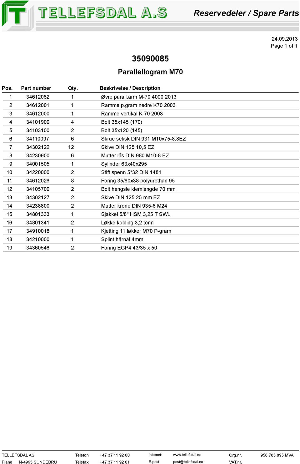 8EZ 7 0 Skive DIN 5 0,5 EZ 8 0900 6 Mutter lås DIN 980 M0-8 EZ 9 00505 Sylinder 6x0x95 0 0000 Stift spenn 5* DIN 8 606 8 Foring 5/60x8 polyurethan 95 05700 Bolt hengsle klemlengde 70 mm 07 Skive DIN