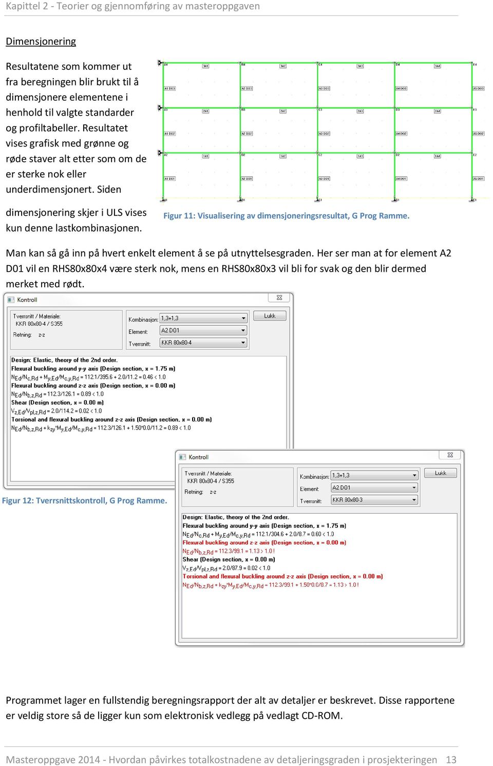 Figur 11: Visualisering av dimensjoneringsresultat, G Prog Ramme. Man kan så gå inn på hvert enkelt element å se på utnyttelsesgraden.