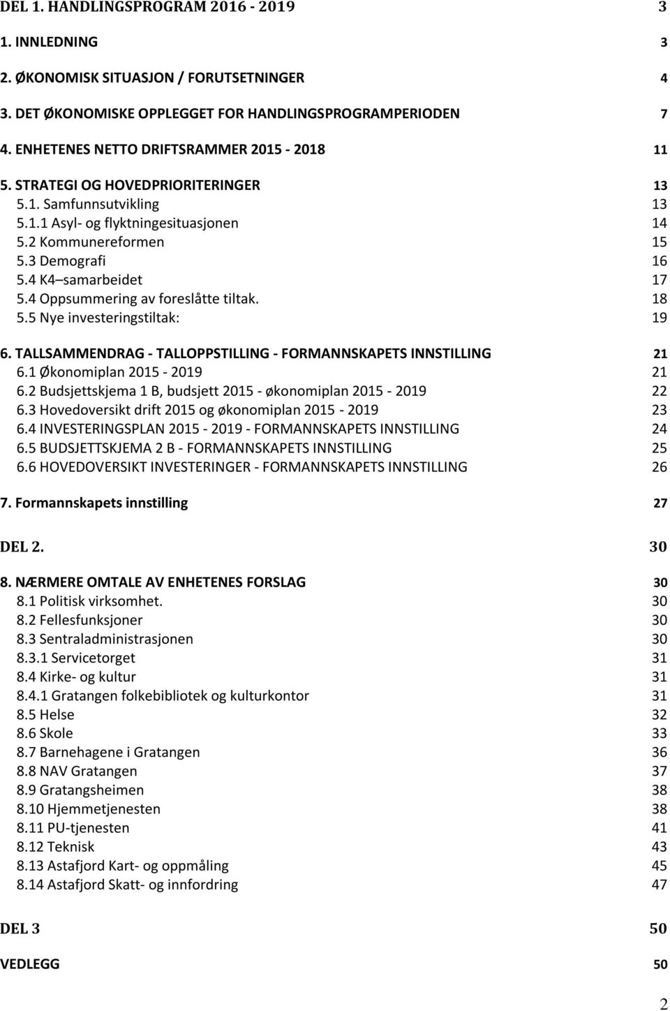 4 Oppsummering av foreslåtte tiltak. 18 5.5 Nye investeringstiltak: 19 6. TALLSAMMENDRAG - TALLOPPSTILLING - FORMANNSKAPETS INNSTILLING 21 6.1 Økonomiplan 2015-2019 21 6.