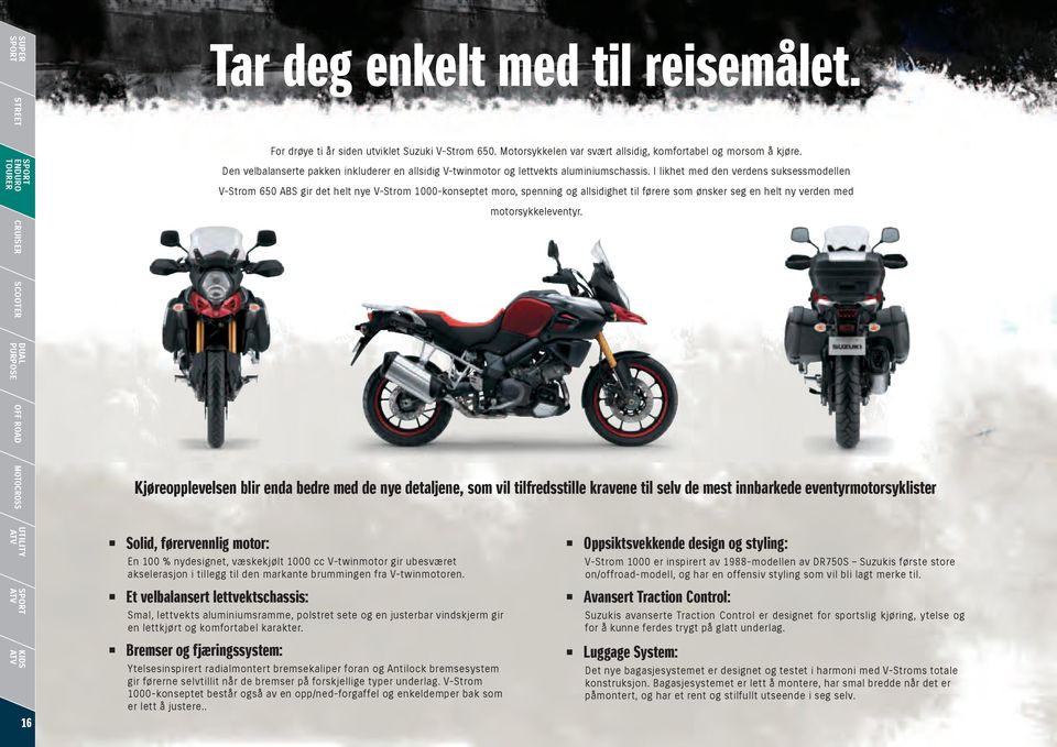 I likhet med den verdens suksessmodellen V-Strom 650 ABS gir det helt nye V-Strom 1000-konseptet moro, spenning og allsidighet til førere som ønsker seg en helt ny verden med motorsykkeleventyr.