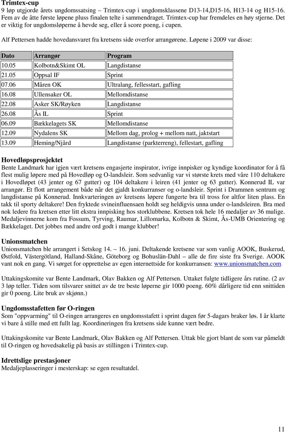 Løpene i 2009 var disse: Dato Arrangør Program 10.05 Kolbotn&Skimt OL Langdistanse 21.05 Oppsal IF Sprint 07.06 Måren OK Ultralang, fellesstart, gafling 16.08 Ullensaker OL Mellomdistanse 22.