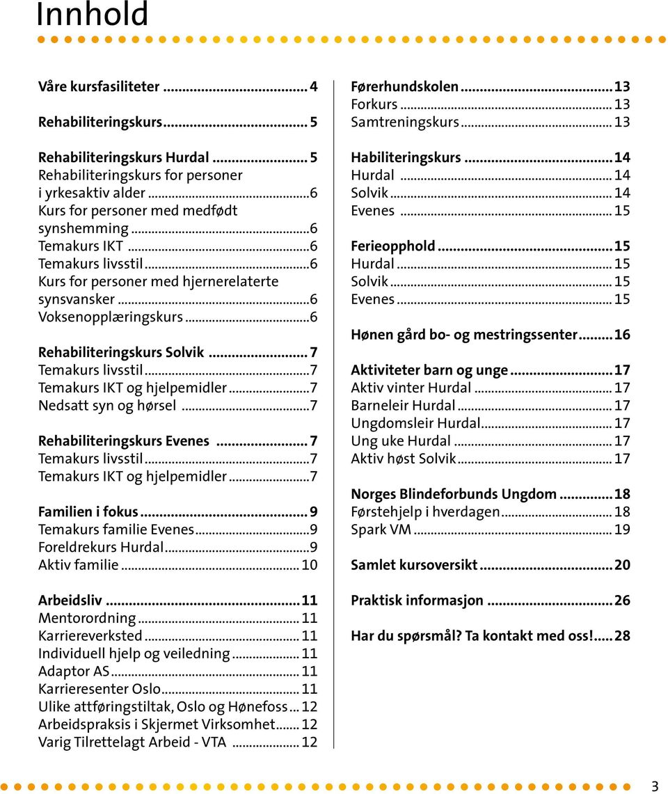 ..7 Temakurs IKT og hjelpemidler...7 Nedsatt syn og hørsel...7 Rehabiliteringskurs Evenes... 7 Temakurs livsstil...7 Temakurs IKT og hjelpemidler...7 Familien i fokus... 9 Temakurs familie Evenes.