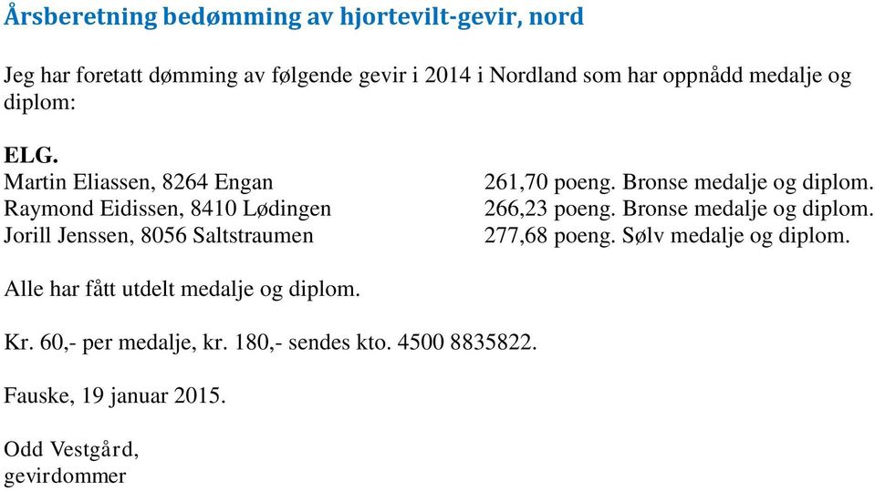 Martin Eliassen, 8264 Engan Raymond Eidissen, 8410 Lødingen Jorill Jenssen, 8056 Saltstraumen 261,70 poeng.
