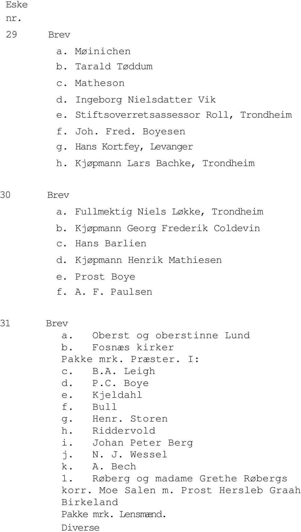 Kjøpmann Henrik Mathiesen e. Prost Boye f. A. F. Paulsen 31 Brev a. Oberst og oberstinne Lund b. Fosnæs kirker Pakke mrk. Præster. I: c. B.A. Leigh d. P.C. Boye e.