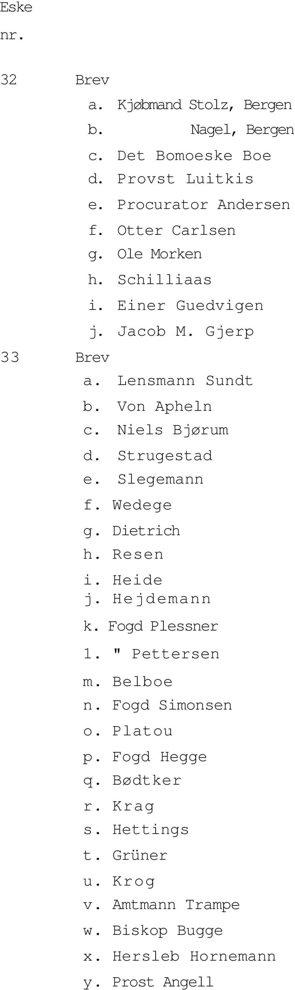 Strugestad e. Slegemann f. Wedege g. Dietrich h. Resen i. Heide j. Hejdemann k. Fogd Plessner 1. " Pettersen m. Belboe n.