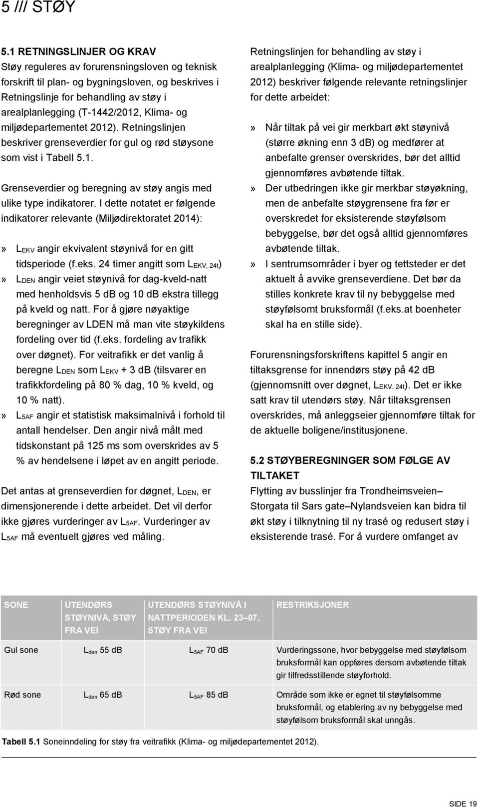 Klima- og miljødepartementet 2012). Retningslinjen beskriver grenseverdier for gul og rød støysone som vist i Tabell 5.1. Grenseverdier og beregning av støy angis med ulike type indikatorer.