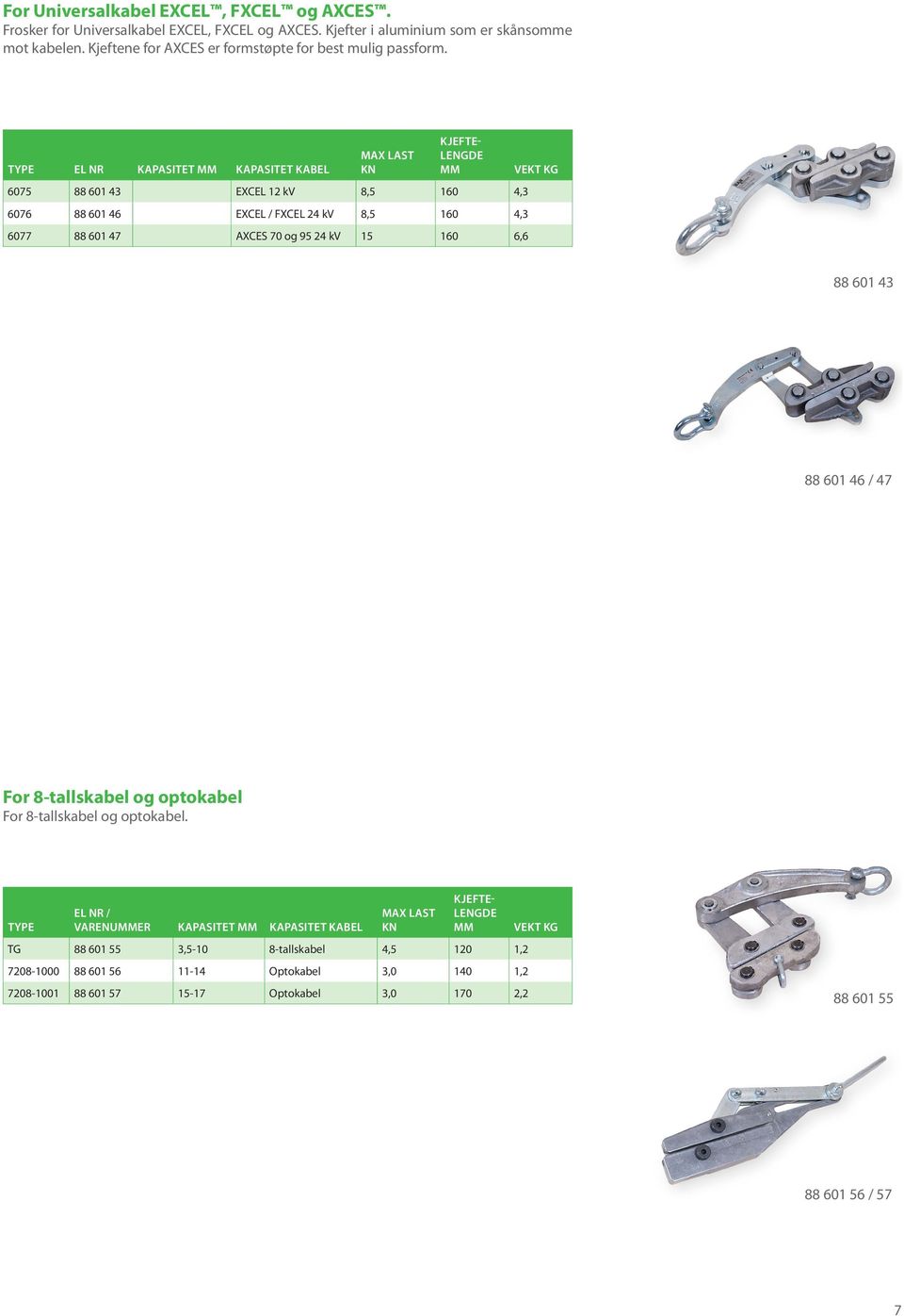 TYPE EL NR KAPASITET KAPASITET KABEL MAX LAST KN KJEFTE- LENGDE 6075 88 601 43 EXCEL 12 kv 8,5 160 4,3 6076 88 601 46 EXCEL / FXCEL 24 kv 8,5 160 4,3 6077 88 601 47 AXCES 70 og 95