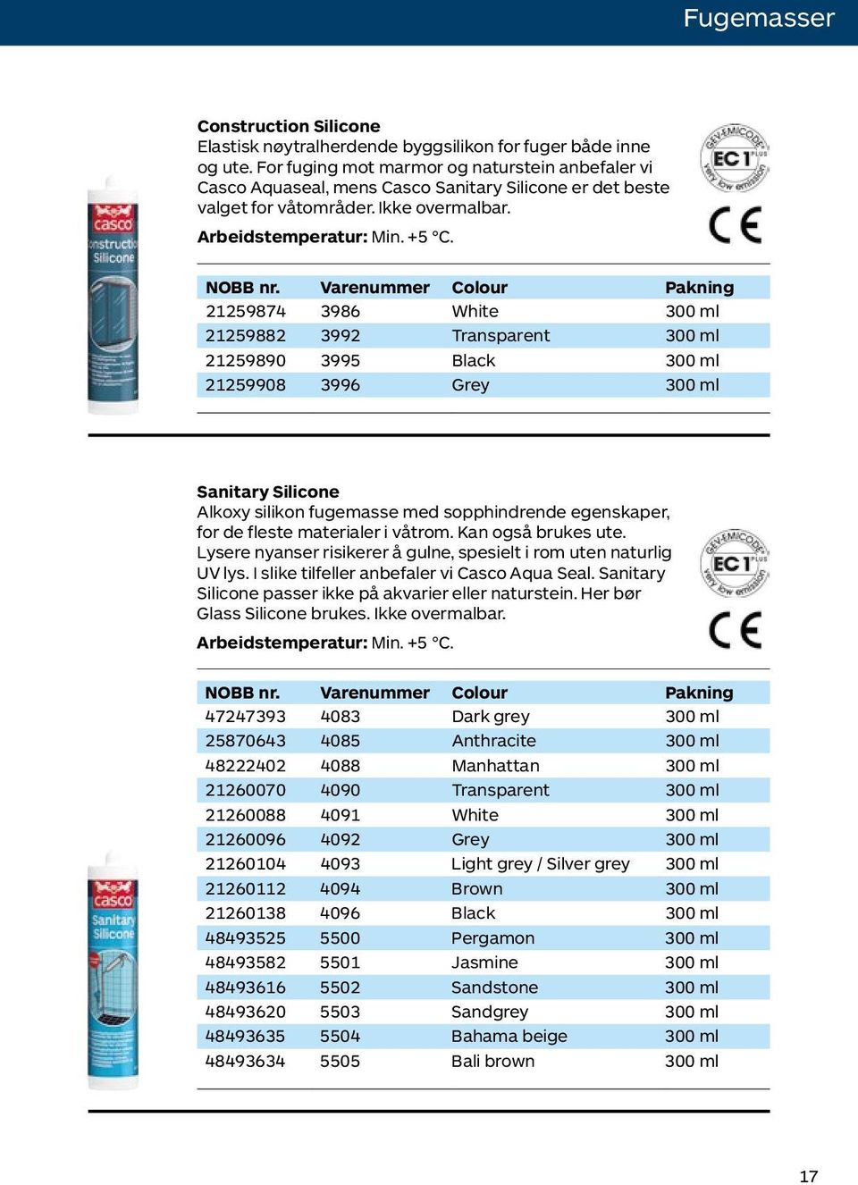 Varenummer Colour Pakning 21259874 3986 White 300 ml 21259882 3992 Transparent 300 ml 21259890 3995 Black 300 ml 21259908 3996 Grey 300 ml Sanitary Silicone Alkoxy silikon fugemasse med sopphindrende