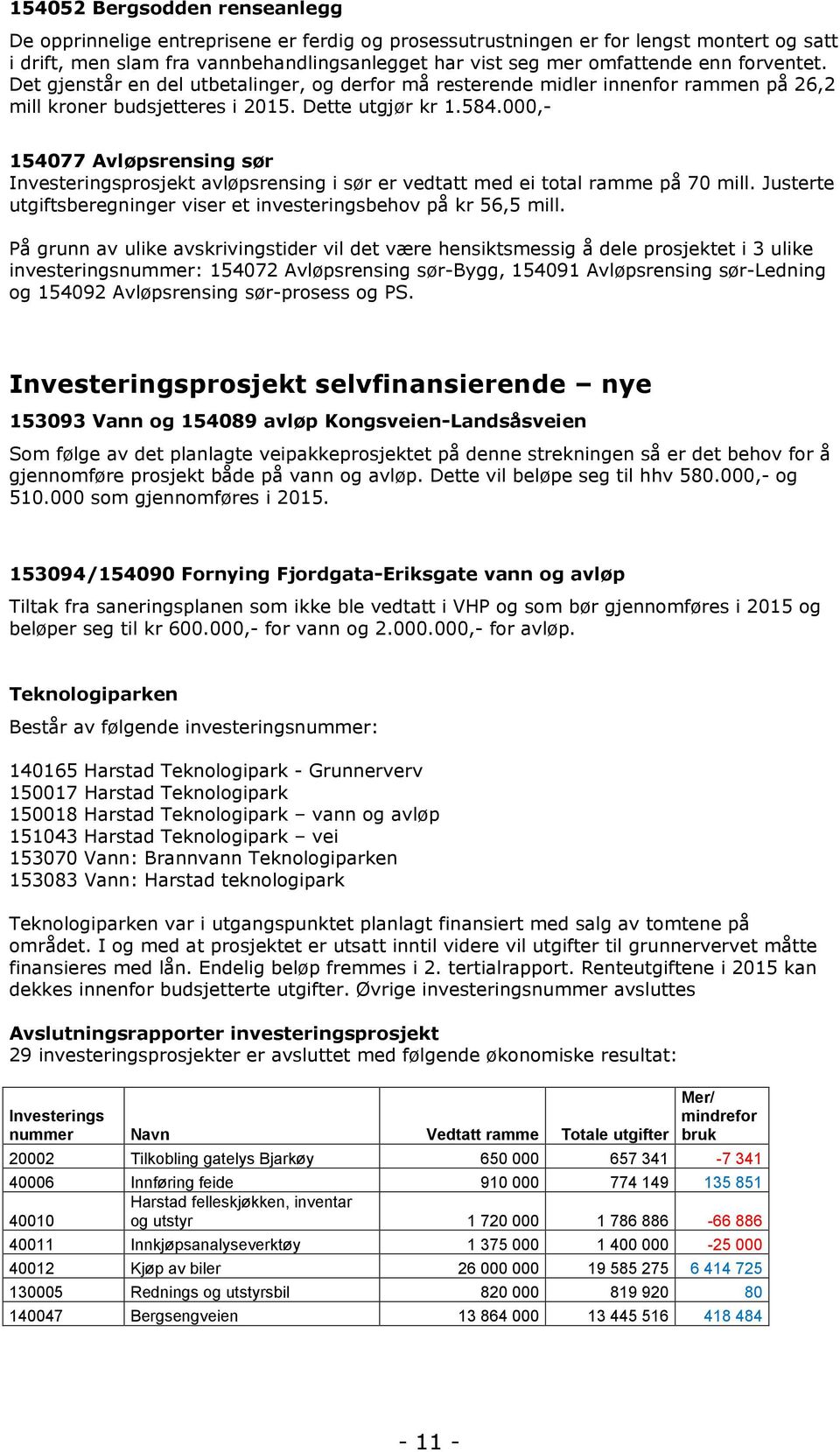 På grunn av ulike avskrivingstider vil det være hensiktsmessig å dele prosjektet i 3 ulike investeringsnummer: 154072 Avløpsrensing sør-bygg, 154091 Avløpsrensing sør-ledning og 154092 Avløpsrensing