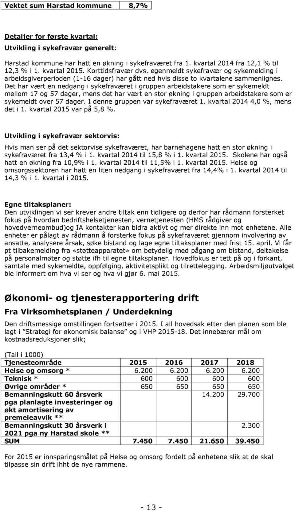 Det har vært en nedgang i sykefraværet i gruppen arbeidstakere som er sykemeldt mellom 17 og 57 dager, mens det har vært en stor økning i gruppen arbeidstakere som er sykemeldt over 57 dager.