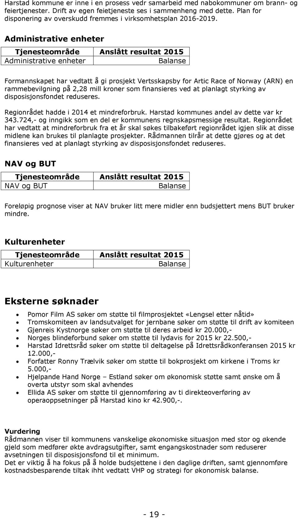 Administrative enheter Tjenesteområde Anslått resultat 2015 Administrative enheter Balanse Formannskapet har vedtatt å gi prosjekt Vertsskapsby for Artic Race of Norway (ARN) en rammebevilgning på