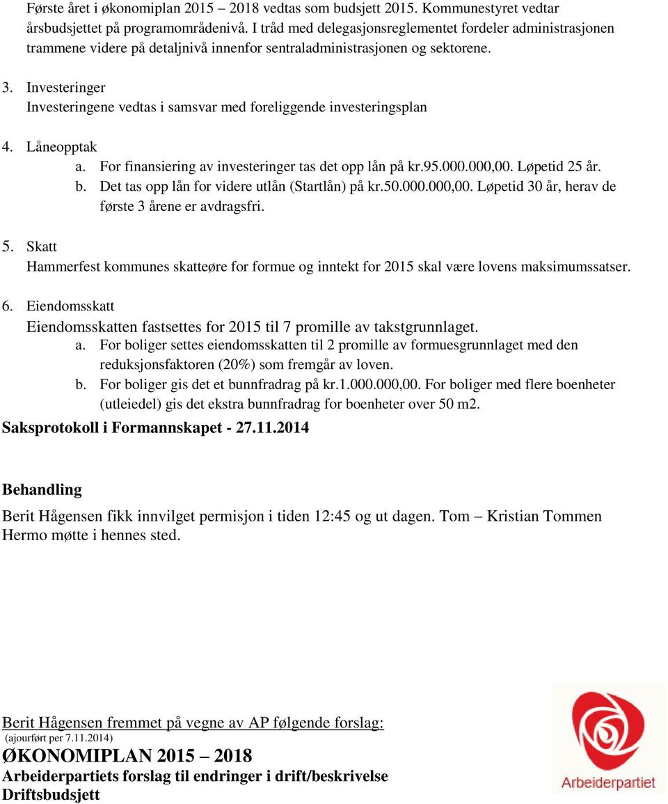 Investeringer Investeringene vedtas i samsvar med foreliggende investeringsplan 4. Låneopptak a. For finansiering av investeringer tas det opp lån på kr.95.000.000,00. Løpetid 25 år. b.