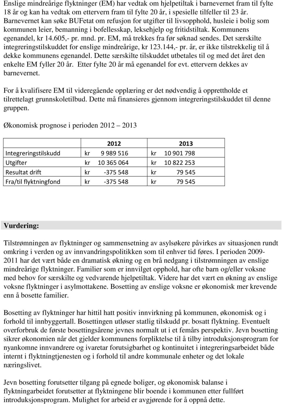 mnd. pr. EM, må trekkes fra før søknad sendes. Det særskilte integreringstilskuddet for enslige mindreårige, kr 123.144,- pr. år, er ikke tilstrekkelig til å dekke kommunens egenandel.