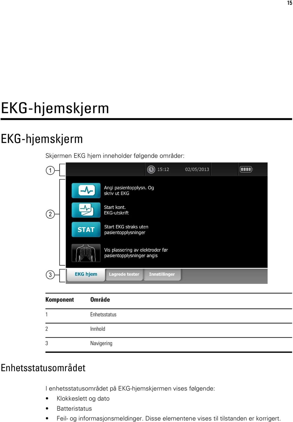 enhetsstatusområdet på EKG-hjemskjermen vises følgende: Klokkeslett og dato