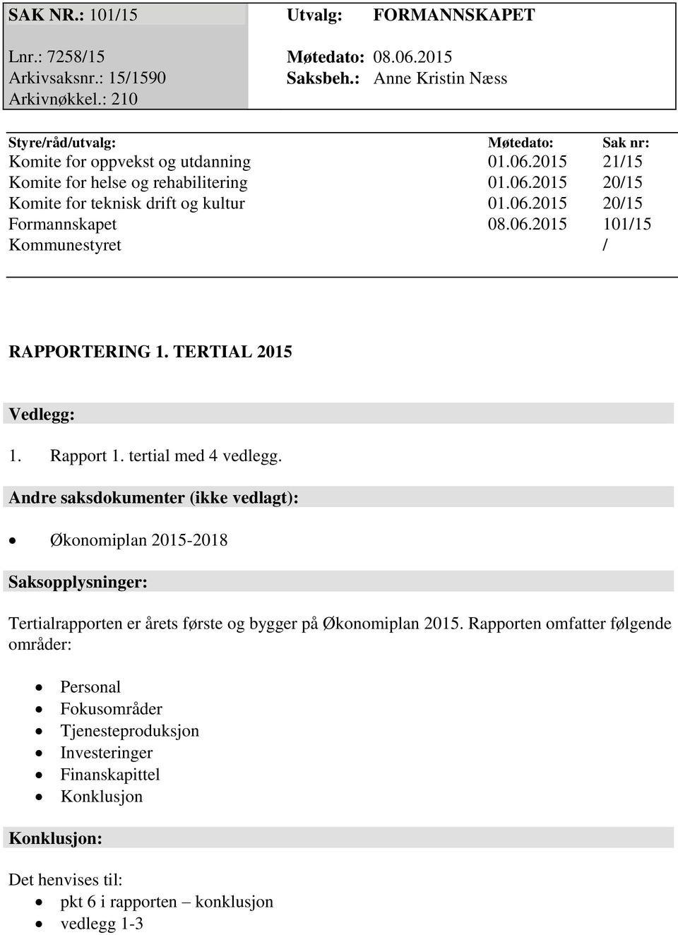 06.2015 101/15 Kommunestyret / RAPPORTERING 1. TERTIAL 2015 Vedlegg: 1. Rapport 1. tertial med 4 vedlegg.