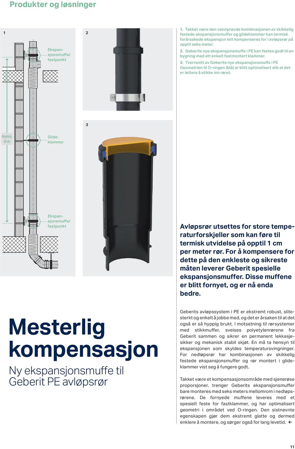 Geberits nye ekspansjonsmuffe i PE kan festes godt til en bygning med ett enkelt fastmontert klammer. 3.